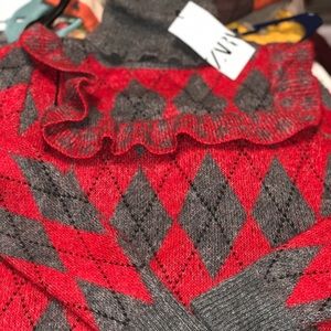 Zara Red and Gray Argyle Turtleneck Sweater